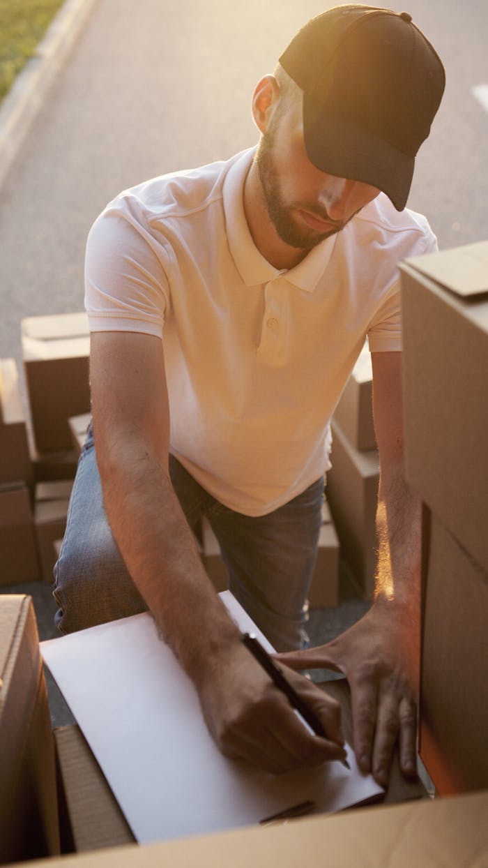 A courier checks a package list surrounded by cardboard boxes during a daytime delivery.
